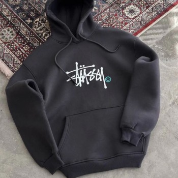 Erkek Üç İplik Kapşonlu Baskılı SweatShirt - Füme