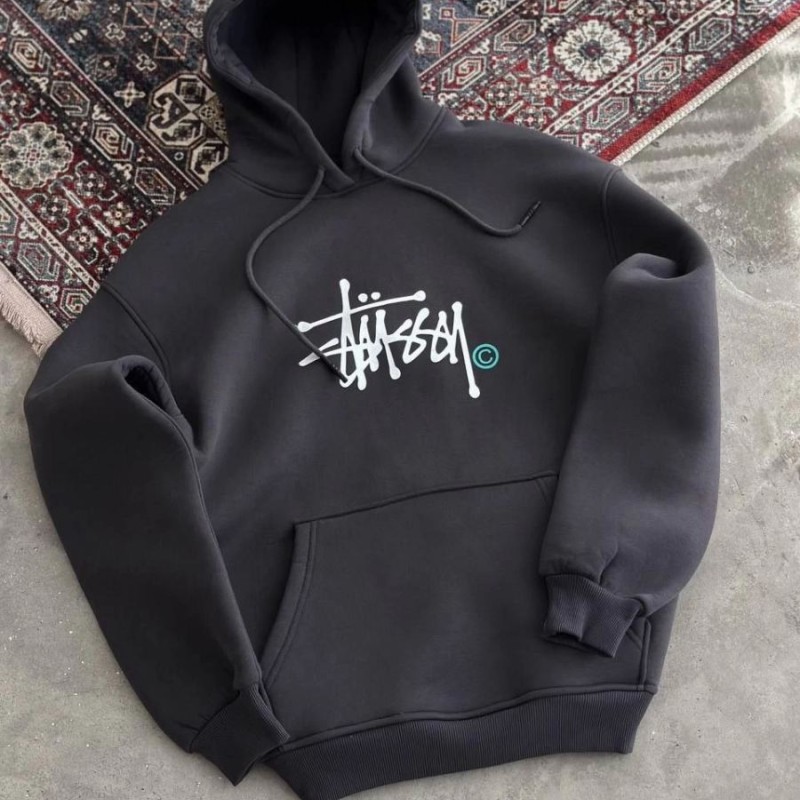 Erkek Üç İplik Kapşonlu Baskılı SweatShirt - Füme Erkek Üç İplik Kapşonlu Baskılı SweatShirt - Füme