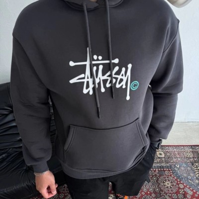 Erkek Üç İplik Kapşonlu Baskılı SweatShirt - Füme Erkek Üç İplik Kapşonlu Baskılı SweatShirt - Füme