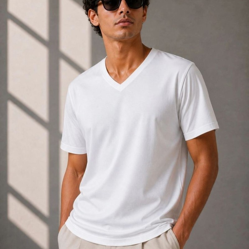 Erkek V Yaka Basic Tişört Kısa Kol Yazlık Regular Fit T-Shirt - Beyaz Erkek V Yaka Basic Tişört Kısa Kol Yazlık Regular Fit T-Shirt - Beyaz