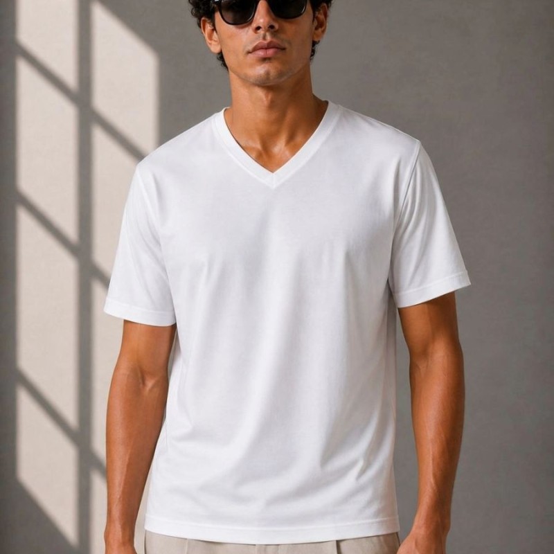 Erkek V Yaka Basic Tişört Kısa Kol Yazlık Regular Fit T-Shirt - Beyaz Erkek V Yaka Basic Tişört Kısa Kol Yazlık Regular Fit T-Shirt - Beyaz
