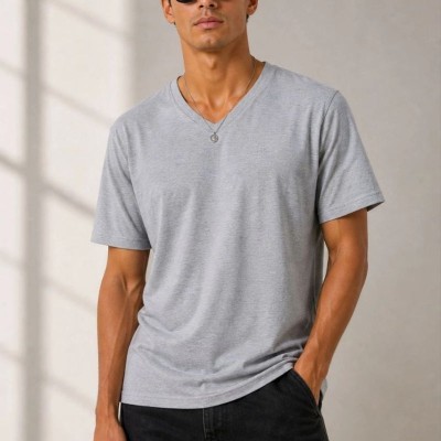 Erkek V Yaka Basic Tişört Kısa Kol Yazlık Regular Fit T-Shirt - Gri Erkek V Yaka Basic Tişört Kısa Kol Yazlık Regular Fit T-Shirt - Gri