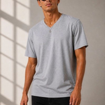 Erkek V Yaka Basic Tişört Kısa Kol Yazlık Regular Fit T-Shirt - Gri Erkek V Yaka Basic Tişört Kısa Kol Yazlık Regular Fit T-Shirt - Gri