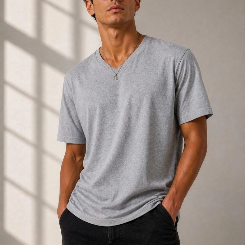 Erkek V Yaka Basic Tişört Kısa Kol Yazlık Regular Fit T-Shirt - Gri Erkek V Yaka Basic Tişört Kısa Kol Yazlık Regular Fit T-Shirt - Gri