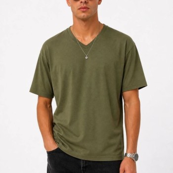 Erkek V Yaka Basic Tişört Kısa Kol Yazlık Regular Fit T-Shirt - Haki Erkek V Yaka Basic Tişört Kısa Kol Yazlık Regular Fit T-Shirt - Haki
