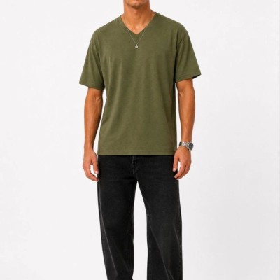 Erkek V Yaka Basic Tişört Kısa Kol Yazlık Regular Fit T-Shirt - Haki Erkek V Yaka Basic Tişört Kısa Kol Yazlık Regular Fit T-Shirt - Haki
