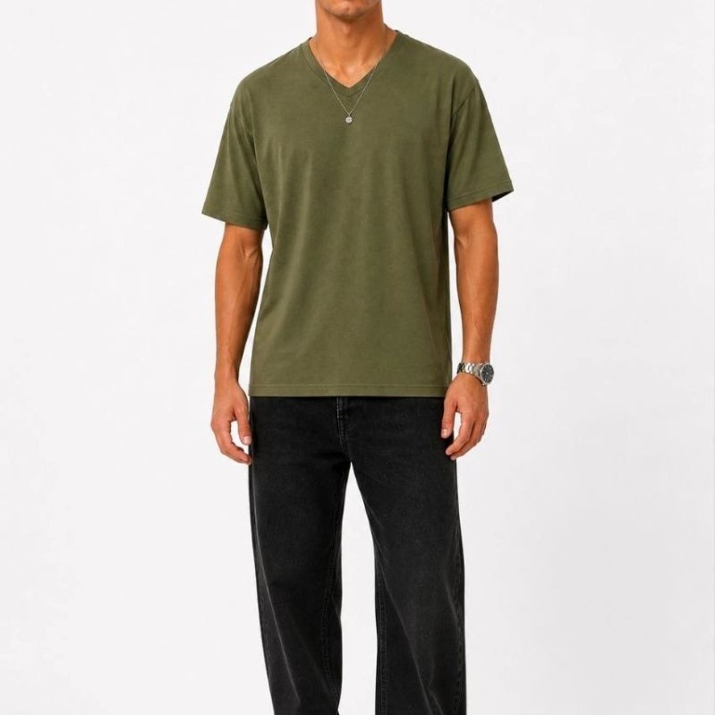 Erkek V Yaka Basic Tişört Kısa Kol Yazlık Regular Fit T-Shirt - Haki Erkek V Yaka Basic Tişört Kısa Kol Yazlık Regular Fit T-Shirt - Haki