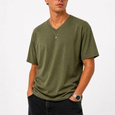 Erkek V Yaka Basic Tişört Kısa Kol Yazlık Regular Fit T-Shirt - Haki Erkek V Yaka Basic Tişört Kısa Kol Yazlık Regular Fit T-Shirt - Haki