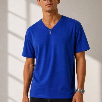 Erkek V Yaka Basic Tişört Kısa Kol Yazlık Regular Fit T-Shirt - Saks Mavisi Erkek V Yaka Basic Tişört Kısa Kol Yazlık Regular Fit T-Shirt - Saks Mavisi
