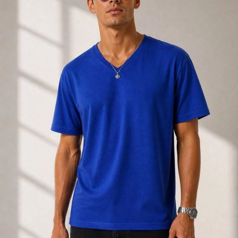 Erkek V Yaka Basic Tişört Kısa Kol Yazlık Regular Fit T-Shirt - Saks Mavisi Erkek V Yaka Basic Tişört Kısa Kol Yazlık Regular Fit T-Shirt - Saks Mavisi