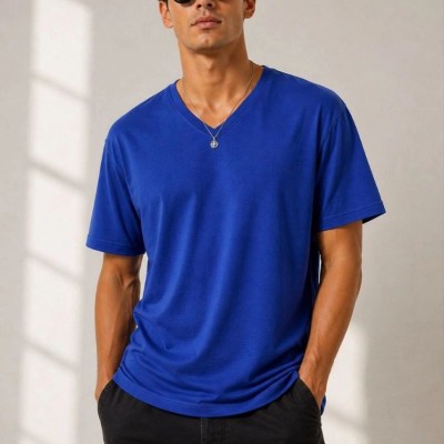 Erkek V Yaka Basic Tişört Kısa Kol Yazlık Regular Fit T-Shirt - Saks Mavisi Erkek V Yaka Basic Tişört Kısa Kol Yazlık Regular Fit T-Shirt - Saks Mavisi