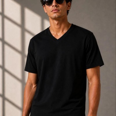 Erkek V Yaka Basic Tişört Kısa Kol Yazlık Regular Fit T-Shirt - Siyah Erkek V Yaka Basic Tişört Kısa Kol Yazlık Regular Fit T-Shirt - Siyah