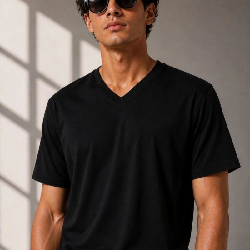 Erkek V Yaka Basic Tişört Kısa Kol Yazlık Regular Fit T-Shirt - Siyah Erkek V Yaka Basic Tişört Kısa Kol Yazlık Regular Fit T-Shirt - Siyah