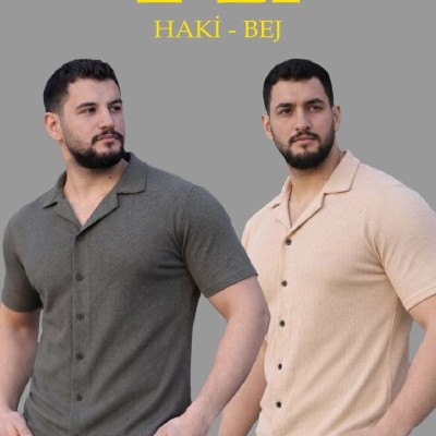 Erkek Waffle Dokuma Kumaş Açık Yakalı Düğmeli Gömlek 2’li Set Haki-Bej Erkek Waffle Dokuma Kumaş Açık Yakalı Düğmeli Gömlek 2’li Set Haki-Bej