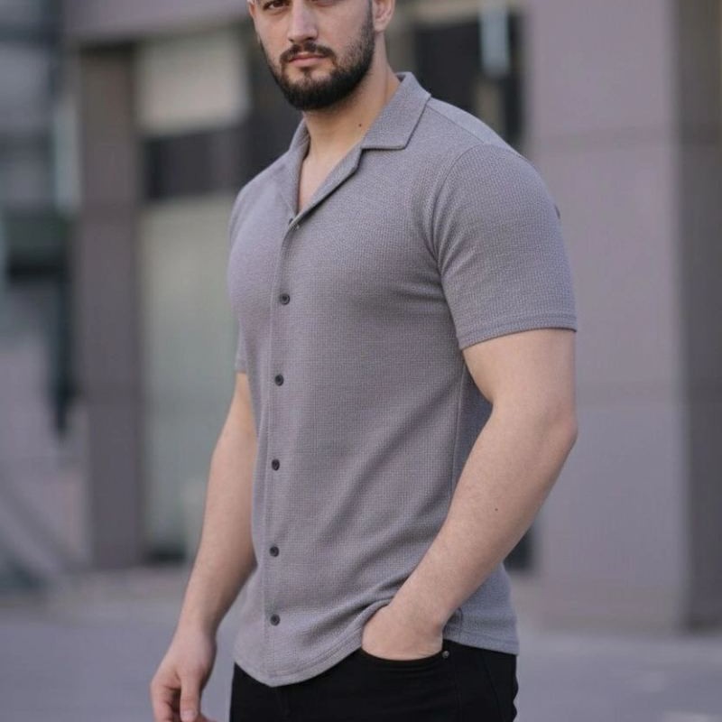Erkek Waffle Kumaş Açık Yakalı Düğmeli Regular Fit Gömlek 2’li Set Lacivert-Gri Erkek Waffle Kumaş Açık Yakalı Düğmeli Regular Fit Gömlek 2’li Set Lacivert-Gri