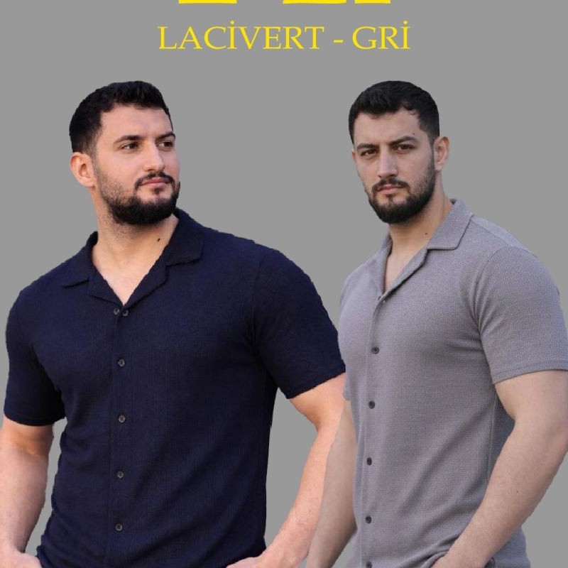 Erkek Waffle Kumaş Açık Yakalı Düğmeli Regular Fit Gömlek 2’li Set Lacivert-Gri Erkek Waffle Kumaş Açık Yakalı Düğmeli Regular Fit Gömlek 2’li Set Lacivert-Gri