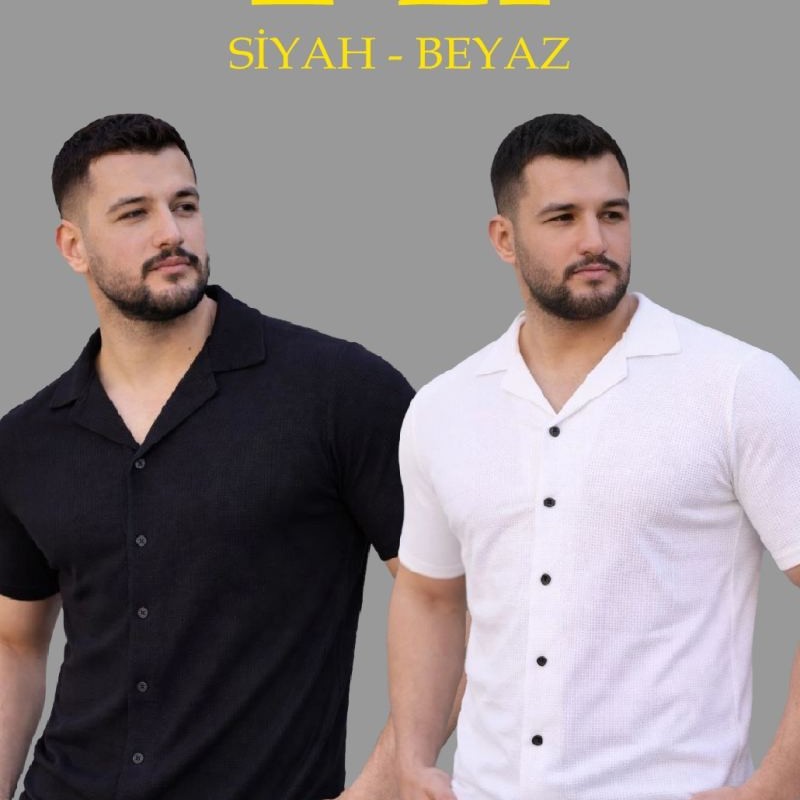Erkek Waffle Kumaş Açık Yakalı Düğmeli Regular Fit Gömlek 2’li Set Siyah-Beyaz Erkek Waffle Kumaş Açık Yakalı Düğmeli Regular Fit Gömlek 2’li Set Siyah-Beyaz
