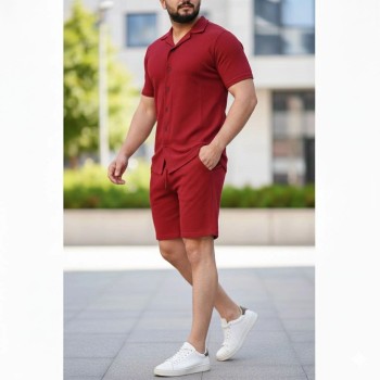 Erkek Waffle Kumaş Kısa Kol Gömlek Şort Takım Regular Yazlık İkili Set - Bordo Erkek Waffle Kumaş Kısa Kol Gömlek Şort Takım Regular Yazlık İkili Set - Bordo