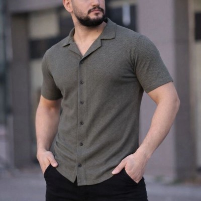 Erkek Waffle Kumaş Kısa Kollu Düğmeli Açık Yaka Regular Fit Gömlek - Haki Erkek Waffle Kumaş Kısa Kollu Düğmeli Açık Yaka Regular Fit Gömlek - Haki