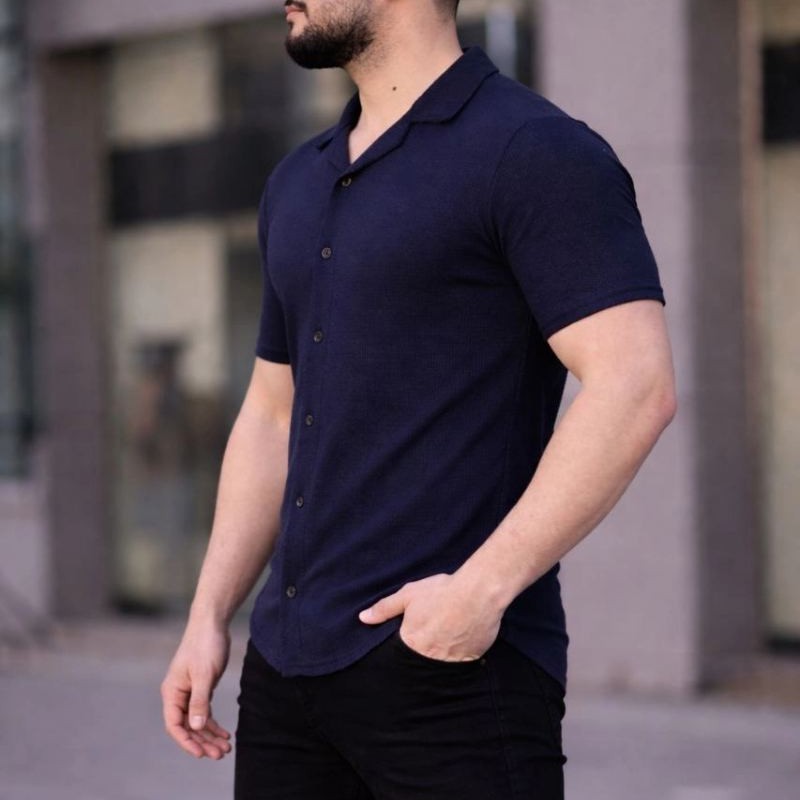 Erkek Waffle Kumaş Kısa Kollu Düğmeli Açık Yaka Regular Fit Gömlek - Lacivert Erkek Waffle Kumaş Kısa Kollu Düğmeli Açık Yaka Regular Fit Gömlek - Lacivert