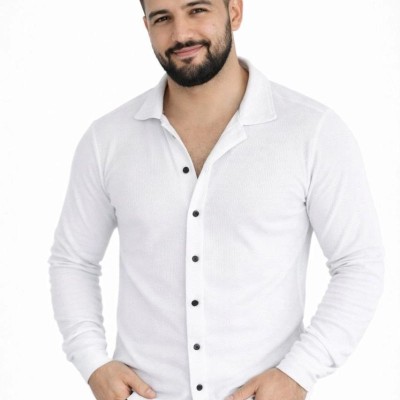 Erkek Waffle Kumaş Uzun Kollu Düğmeli Açık Yaka Regular Fit Gömlek - Beyaz Erkek Waffle Kumaş Uzun Kollu Düğmeli Açık Yaka Regular Fit Gömlek - Beyaz