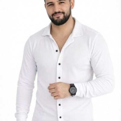 Erkek Waffle Kumaş Uzun Kollu Düğmeli Açık Yaka Regular Fit Gömlek - Beyaz Erkek Waffle Kumaş Uzun Kollu Düğmeli Açık Yaka Regular Fit Gömlek - Beyaz
