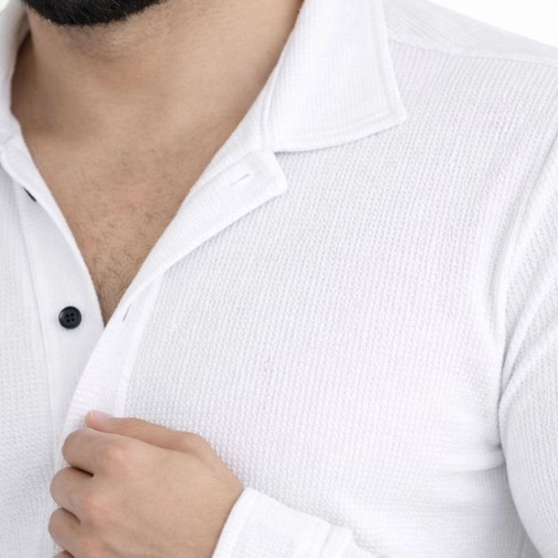 Erkek Waffle Kumaş Uzun Kollu Düğmeli Açık Yaka Regular Fit Gömlek - Beyaz Erkek Waffle Kumaş Uzun Kollu Düğmeli Açık Yaka Regular Fit Gömlek - Beyaz