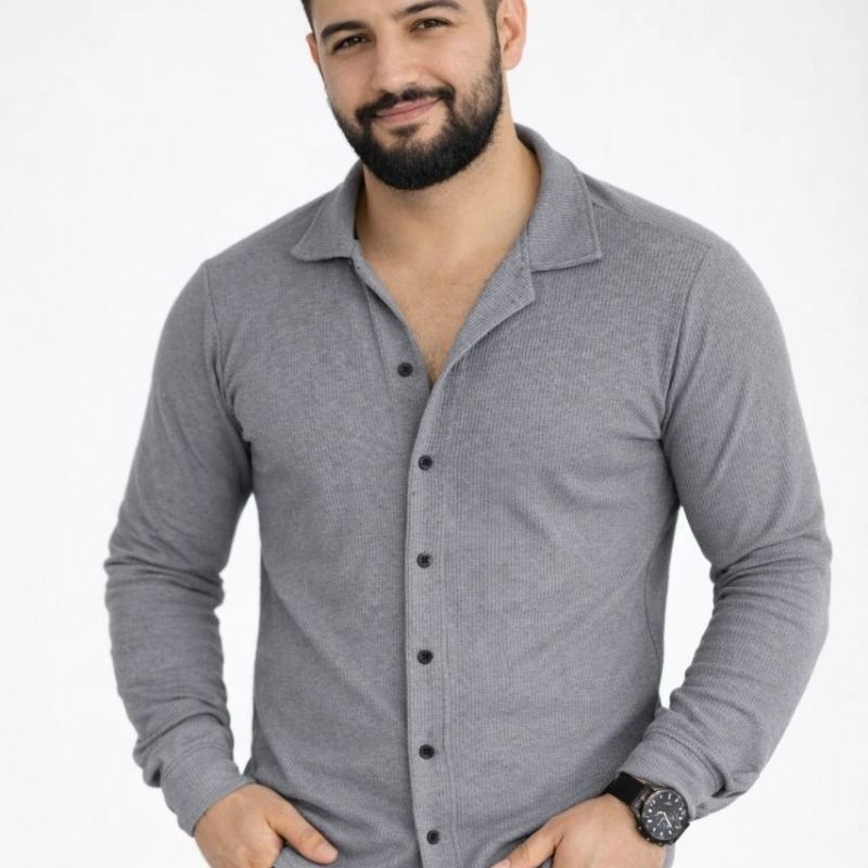 Erkek Waffle Kumaş Uzun Kollu Düğmeli Açık Yaka Regular Fit Gömlek - Füme Erkek Waffle Kumaş Uzun Kollu Düğmeli Açık Yaka Regular Fit Gömlek - Füme