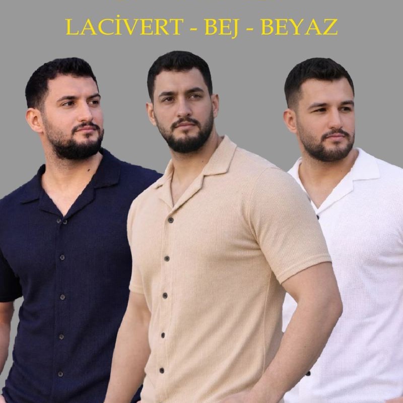 Erkek Waffle Kumaş Yakalı Kısa Kol Düğmeli Gömlek 3’lü Set Bej-Beyaz-Lacivert Erkek Waffle Kumaş Yakalı Kısa Kol Düğmeli Gömlek 3’lü Set Bej-Beyaz-Lacivert