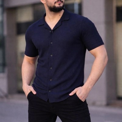 Erkek Waffle Kumaş Yakalı Kısa Kol Düğmeli Gömlek 3’lü Set Siyah-Haki-Lacivert