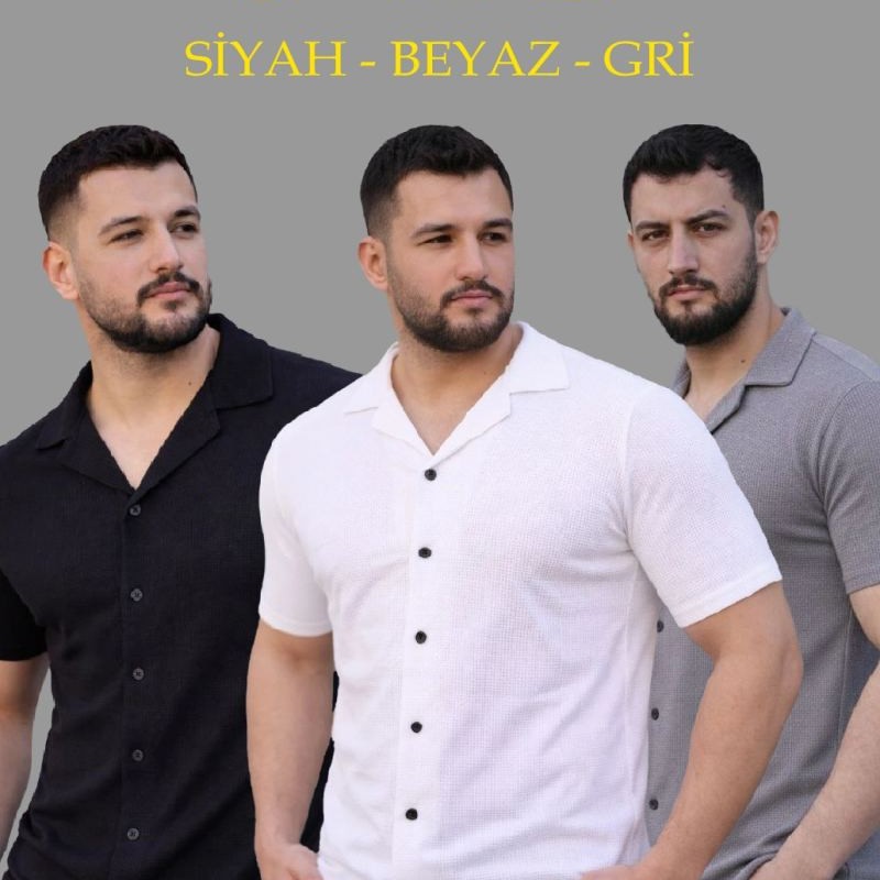 Erkek Waffle Kumaş Yazlık Yakalı Kısa Kol Düğmeli Gömlek 3’lü Set Siyah-Beyaz-Gri Erkek Waffle Kumaş Yazlık Yakalı Kısa Kol Düğmeli Gömlek 3’lü Set Siyah-Beyaz-Gri
