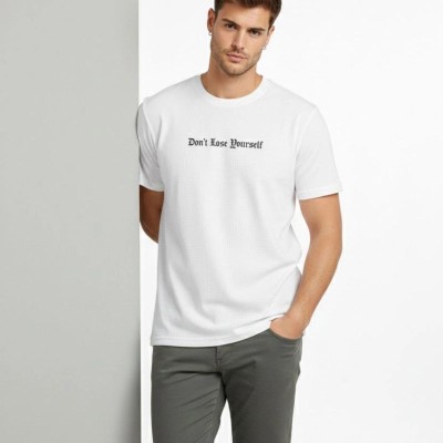 Erkek Wafıl Kumaş Tişört Regular Kalıp Bisiklet Yaka Baskılı T-Shirt - Beyaz Erkek Wafıl Kumaş Tişört Regular Kalıp Bisiklet Yaka Baskılı T-Shirt - Beyaz
