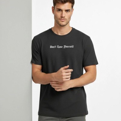 Erkek Wafıl Kumaş Tişört Regular Kalıp Bisiklet Yaka Baskılı T-Shirt - Siyah Erkek Wafıl Kumaş Tişört Regular Kalıp Bisiklet Yaka Baskılı T-Shirt - Siyah
