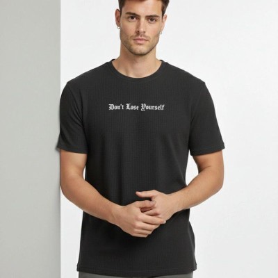 Erkek Wafıl Kumaş Tişört Regular Kalıp Bisiklet Yaka Baskılı T-Shirt - Siyah Erkek Wafıl Kumaş Tişört Regular Kalıp Bisiklet Yaka Baskılı T-Shirt - Siyah