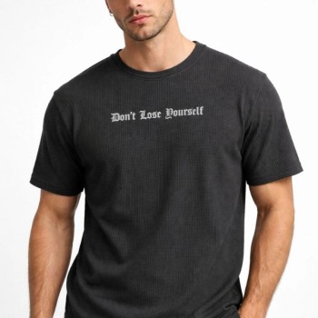 Erkek Wafıl Kumaş Tişört Regular Kalıp Bisiklet Yaka Baskılı T-Shirt - Siyah