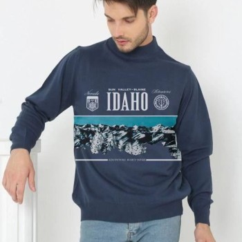 Erkek Yarım Bağazlı Kazak Baskılı Dokuma Triko - Indigo Erkek Yarım Bağazlı Kazak Baskılı Dokuma Triko - Indigo