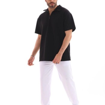 Erkek Yarım Fermuarlı Düz Oversize T-shirt - Siyah Erkek Yarım Fermuarlı Düz Oversize T-shirt - Siyah