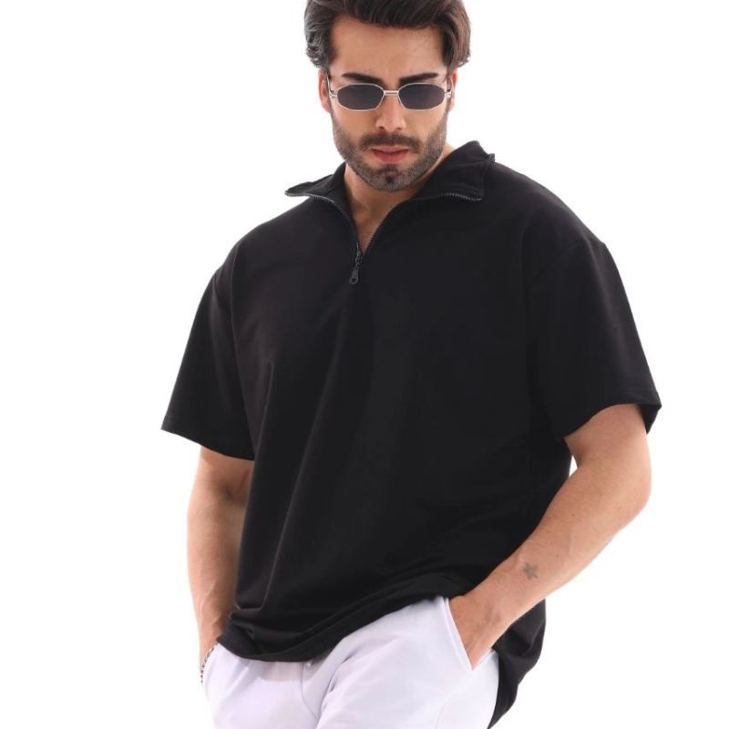 Erkek Yarım Fermuarlı Düz Oversize T-shirt - Siyah Erkek Yarım Fermuarlı Düz Oversize T-shirt - Siyah