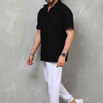 Erkek Yarım Fermuarlı Düz Oversize T-shirt - Siyah Erkek Yarım Fermuarlı Düz Oversize T-shirt - Siyah
