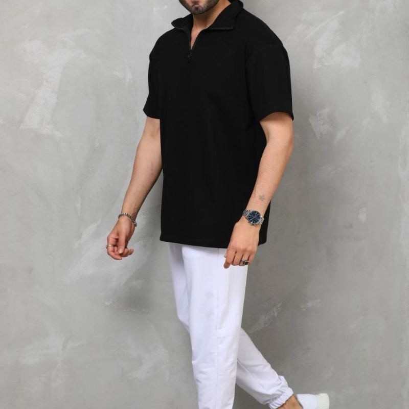 Erkek Yarım Fermuarlı Düz Oversize T-shirt - Siyah Erkek Yarım Fermuarlı Düz Oversize T-shirt - Siyah
