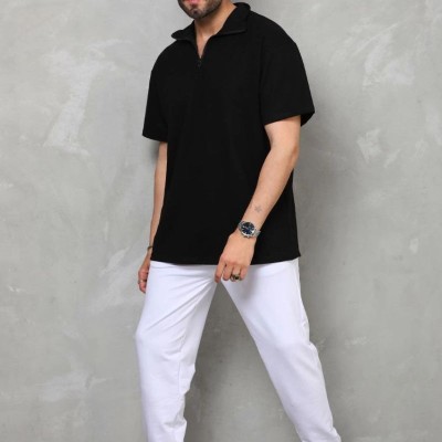 Erkek Yarım Fermuarlı Düz Oversize T-shirt - Siyah Erkek Yarım Fermuarlı Düz Oversize T-shirt - Siyah