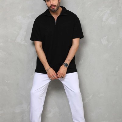 Erkek Yarım Fermuarlı Düz Oversize T-shirt - Siyah Erkek Yarım Fermuarlı Düz Oversize T-shirt - Siyah