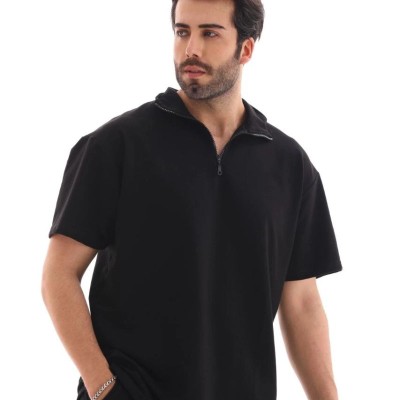 Erkek Yarım Fermuarlı Düz Oversize T-shirt - Siyah Erkek Yarım Fermuarlı Düz Oversize T-shirt - Siyah