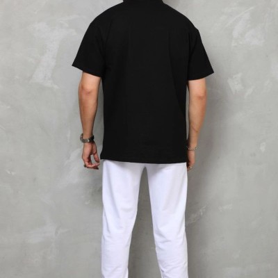 Erkek Yarım Fermuarlı Düz Oversize T-shirt - Siyah Erkek Yarım Fermuarlı Düz Oversize T-shirt - Siyah