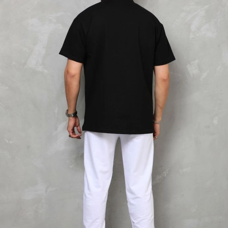 Erkek Yarım Fermuarlı Düz Oversize T-shirt - Siyah Erkek Yarım Fermuarlı Düz Oversize T-shirt - Siyah