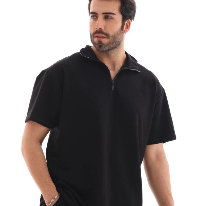 Erkek Yarım Fermuarlı Düz Oversize T-shirt - Siyah Erkek Yarım Fermuarlı Düz Oversize T-shirt - Siyah