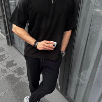 Erkek Yarım Fermuarlı Kısa kol T-Shirt - Siyah Erkek Yarım Fermuarlı Kısa kol T-Shirt - Siyah