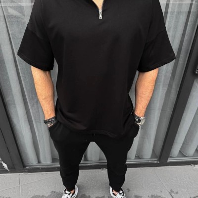 Erkek Yarım Fermuarlı Kısa kol T-Shirt - Siyah Erkek Yarım Fermuarlı Kısa kol T-Shirt - Siyah