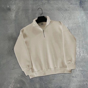 Erkek Yarım Fermuarlı Üç İplik Sweatshirt - Bej Erkek Yarım Fermuarlı Üç İplik Sweatshirt - Bej