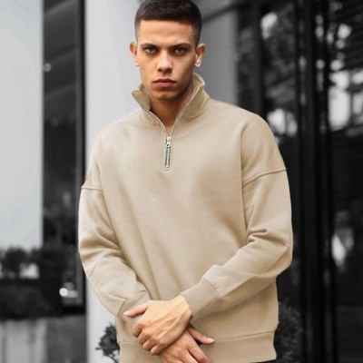 Erkek Yarım Fermuarlı Üç İplik Sweatshirt - Bej Erkek Yarım Fermuarlı Üç İplik Sweatshirt - Bej